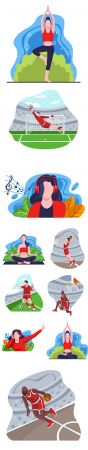 Yoga and Sport Activities Flat Design Illustrations