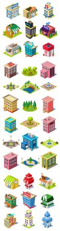 City buildings and shops set of isometric illustrations