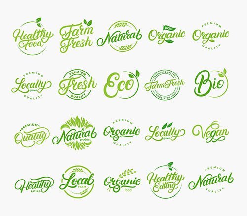 Hand Written Lettering Logos Vegetarian Natural Organic Farm Set