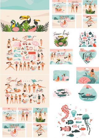 Hand Drawn Abstract Graphic Cartoon Summer Time Flat Illustrations Collection Set Vol 2