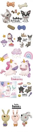 French bulldog and unicorn with bunny watercolour illustration