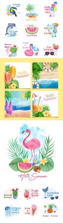 Hello summer watercolor design label and elements