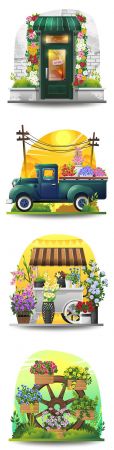 Flower cart with flowers in spring garden illustration