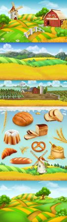 DesignOptimal Farm field landscape and wheat with bread 3d illustrations