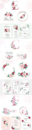 Watercolor floral logo initial letter and invitation wedding
