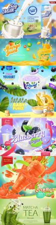 Advertising poster dairy products and juices realistic design