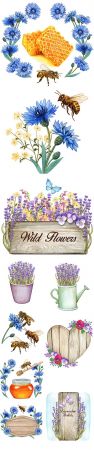 Watercolor Lavender and Bee Flying Cartoon Illustration Set