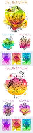 Summer in geometric style memphis with sketch drawing