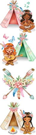 Boho floral Indian arrows and girl with flowers watercolor