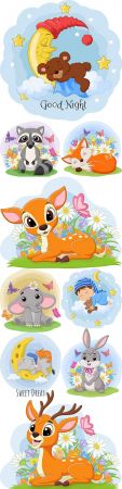 Cartoon animals with flowers and butterflies illustration