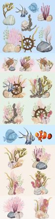 Underwater world and marine multicolored fish with algae