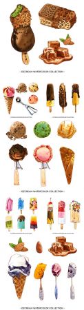 Ice cream with nuts and chocolate watercolor illustrations
