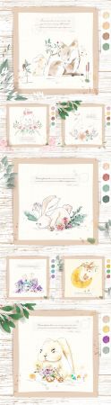 Watercolor cute animals with tropical flowers and leaves