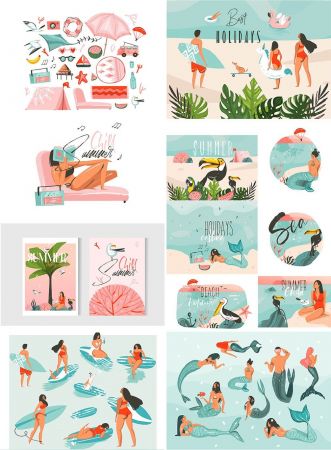 Hand Drawn Abstract Graphic Cartoon Summer Time Flat Illustrations Collection Set
