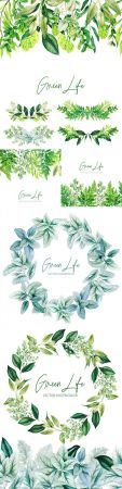 Watercolor green leaves and wreath of branches with leaves