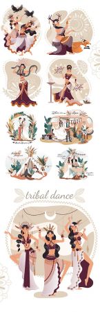 Boho style wedding and beautiful female ritual dancing illustration