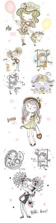 Cute girl with flowers in her hair and animals drawing