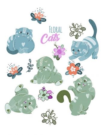 Cute and funny kittens with flowers drawn illustrations
