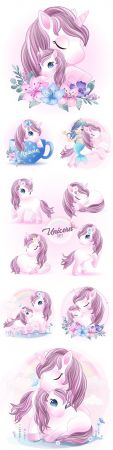 Cute unicorn with mom and flowers character cartoon
