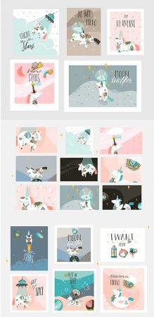 Hand Drawn Abstract Creative Cartoon Illustrations Cards with Astronaut Unicorns Set