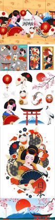 Japanese geisha and set of Japanese national symbols