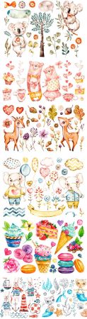 Cute animals, flowers and sweets watercolor illustrations