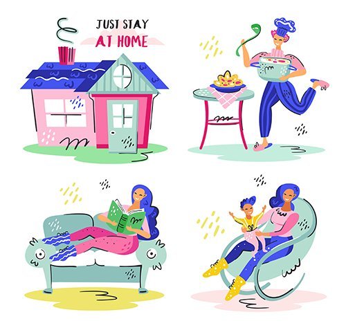 Just Stay Home Set   Flat Colourful Vector Illustration