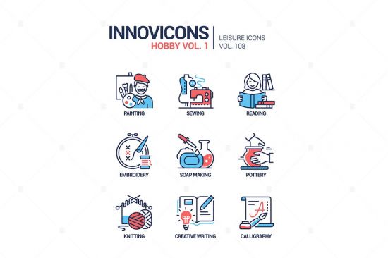 Hobby and activities   line design style icons set