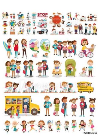 Stop Coronavirus and childrens characters vector Set