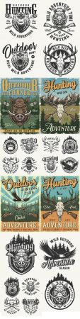 Hunting colourful poster and vintage monochrome club emblems