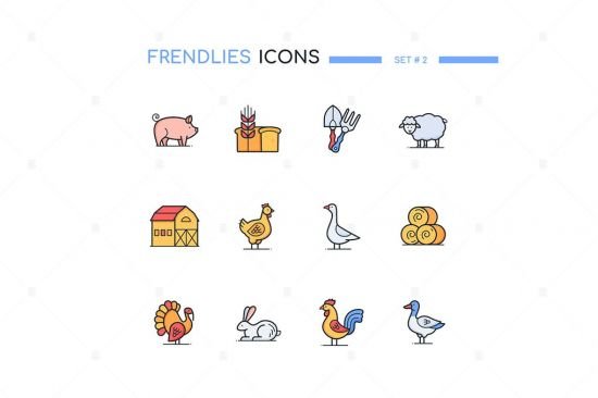 Farm animals and objects   line design style icons