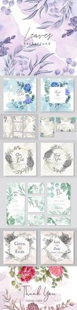 Elegant watercolour floral wedding invitations with golden frame