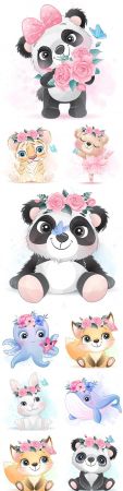 Cute panda, fox and other animals with flowers