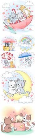 Nice funny kittens with umbrella and hearts illustration