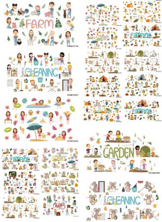 Set of Different People on Garden, Beach, Camping Trip and Nature