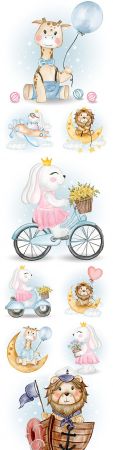 Cute bunny, lion and giraffe funny watercolor illustrations