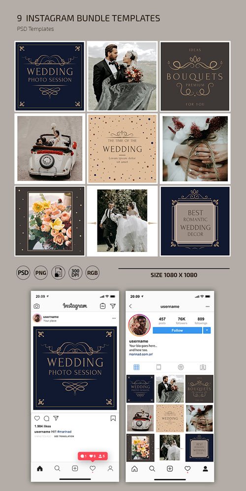 9 Instagram Wedding Bundle PSD Templates