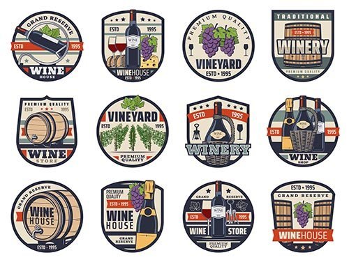 Wine, winemaking and viticulture icons set