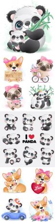 Cute panda, corgi and other animals with flowers