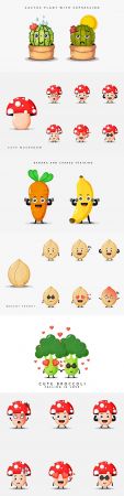Fruit and cactus plants with cute expressions and emotions