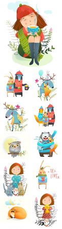 Little girl and various animals drawn illustrations