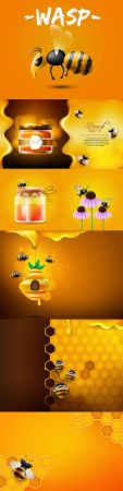Honey bee and between in honeycomb cartoon illustration