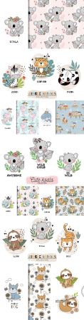Funny cartoon characters animals and drawn background
