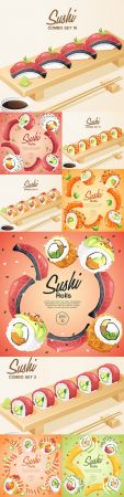 Japanese sushi roll kitchen on wooden plate layout template