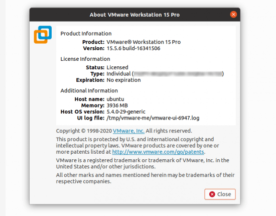 VMware Workstation Pro 15.5.6 Build 16341506 Linux