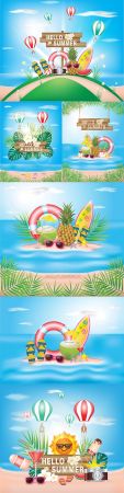 Hello summer holiday with flower on blue ocean background