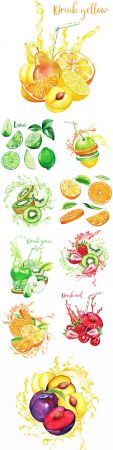 Juicy fruit composition with juice spray illustration
