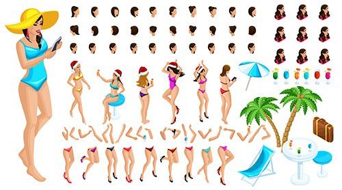 Isometric character constructor, a dancing girl for christmas on the beach