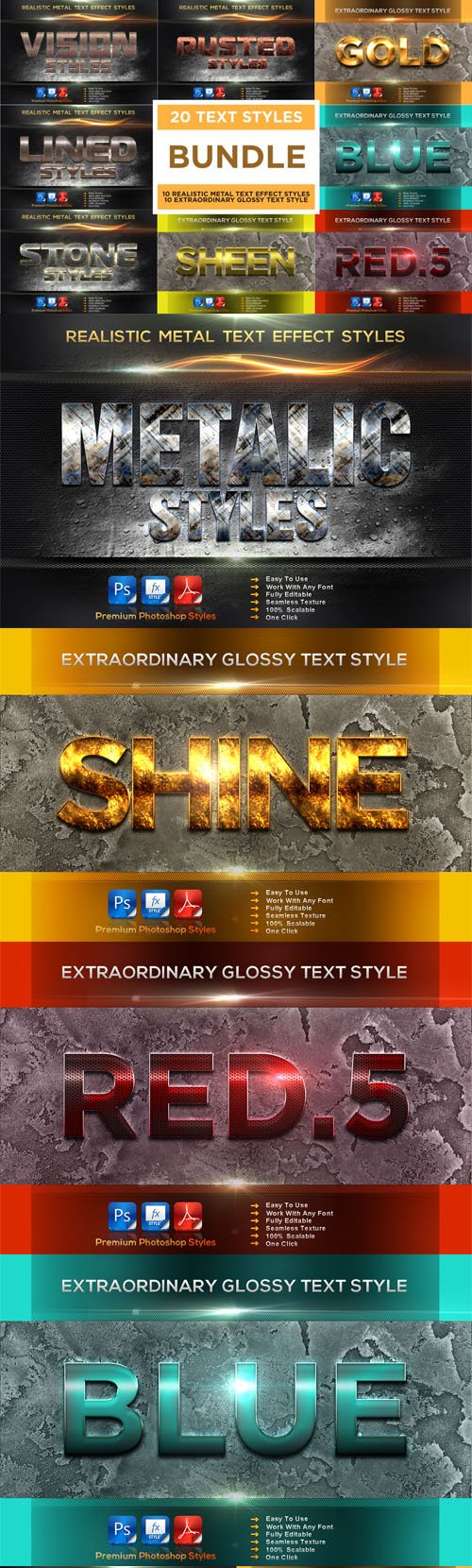 Metal & Extraordinary Glossy Text Effect Styles Bundle - 20 Premium Photoshop S...