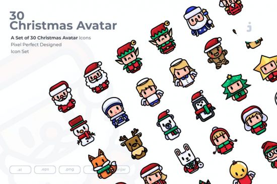 30 Christmas Avatar Colorline,Outline Icons